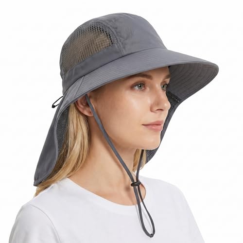 UV Sun Protection Hat Women Foldable Neck Flap Wide Brim Fishing Hat with Ponytail Hole for Women - color: Dark-gray