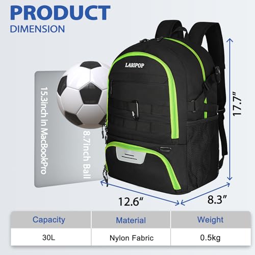 LARIPOP Soccer Backpack with Ball Holder & Shoe Compartment Large Capacity Sports Bag for Training - color: Lemon Green