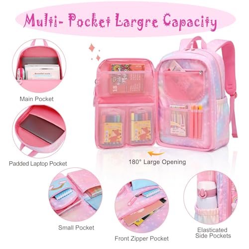 School Backpack for Girls Rainbow Cute Kids Backpack for Back to School Laptop Travel Bag With pencil Case (Pink set) - color: Pink Set