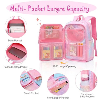 School Backpack for Girls Rainbow Cute Kids Backpack for Back to School Laptop Travel Bag With pencil Case (Pink set) - color: Pink Set