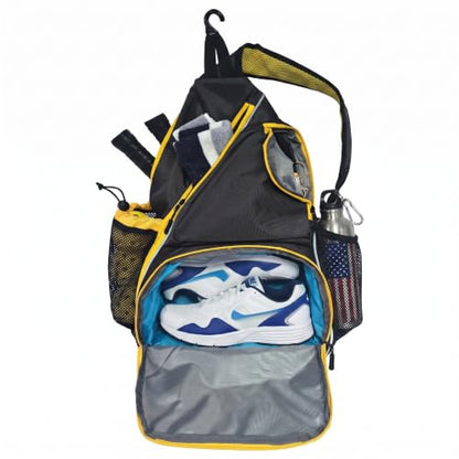 Pickleball Sling Bag with Shoe Compartment - Crossbody Backpack Fits 2 Paddles, 32oz Bottle & Fence Hook, Sports Bag for Men & Women (Shoe Limit: up to US Men's 10 / Women's 11.5) - color: Grey/Yellow