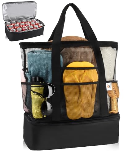 CaCTOUR Beach Bag with Cooler Compartment,Mesh Beach Bag Dry Wet Detachable with Zipper Pockets,Waterproof Sandproof Pool Bag - color: Black