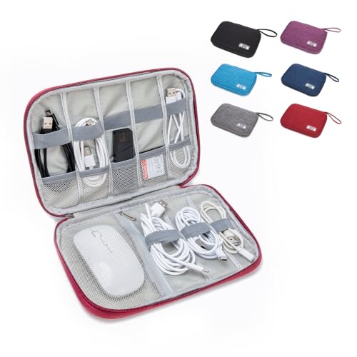 Electronics Organizer Travel Case - Water-Resistant Tech Bag for Cables, Chargers & Cord Management - Small Portable Pouch for Travel Accessories, Gear Bag for Airplane & Business - color: red
