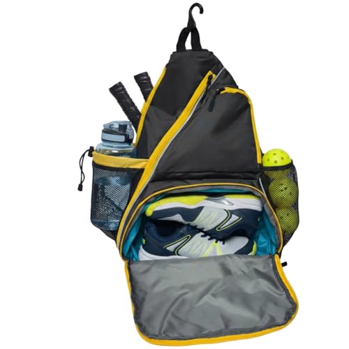 Pickleball Sling Bag with Shoe Compartment - Crossbody Backpack Fits 2 Paddles, 32oz Bottle & Fence Hook, Sports Bag for Men & Women (Shoe Limit: up to US Men's 10 / Women's 11.5) - color: Grey/Yellow