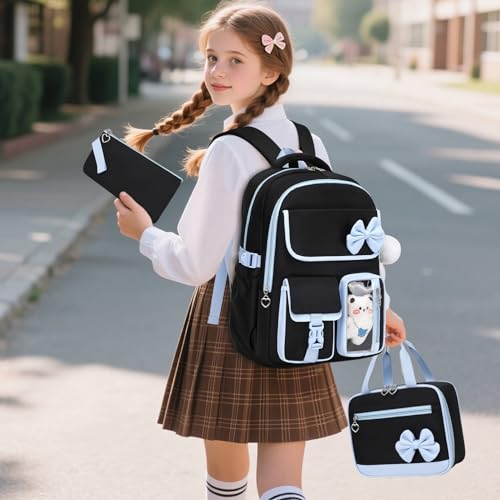 GeeWin Girls Backpack for School with Lunch Box & Pencil Case Set, 17 Inch Waterproof Cute Bow Girls Bookbag for Kids, Teens, Elementary Middle High College School Student (Black/Blue) - color: Black Blue