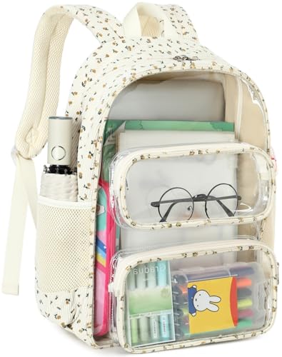 CAMTOP Clear Backpack Heavy Duty Transparent Bag See Through BookBag for Student School Work Festival Sport Travel (Beige Yellow Flowers) - color: Beige Yellow Flowers, size: Medium-17‘’