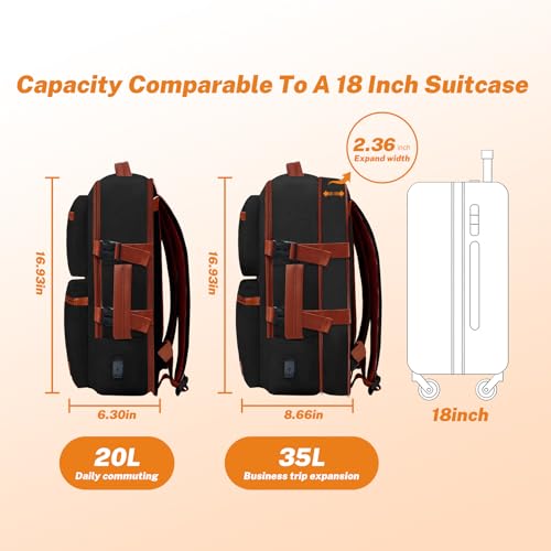 Expandable Travel Backpack Women Men with USB Charging Port, 15.6 Inch Laptop Backpack Waterproof Carry on Flight Approved for Travel Work Hiking College, Black - color: Black