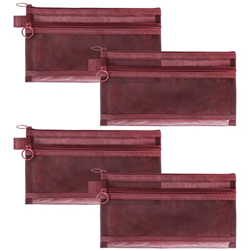 Mesh Cosmetic Bags, 4pcs Nylon Makeup Pouches with Double Zippers for Home Office Purse Diaper Bag (Burgundy) - color: Burgundy