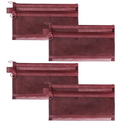 Mesh Cosmetic Bags, 4pcs Nylon Makeup Pouches with Double Zippers for Home Office Purse Diaper Bag (Burgundy) - color: Burgundy