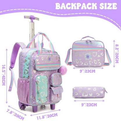 Kids Rolling Backpack with Wheels for Girls Roller Travel Luggage Kids Carry on School Backpack for Girls Ages 6-8 Purple - color: A Purple Love