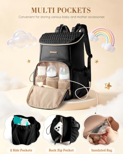 Marscamd Diaper Bag Backpack with Changing Pad, Large Baby Bag, Black | with Stroller Straps, Insulted Bottle Pockets, Luggage sleeve, for Travel & Labor Delivery - color: Black