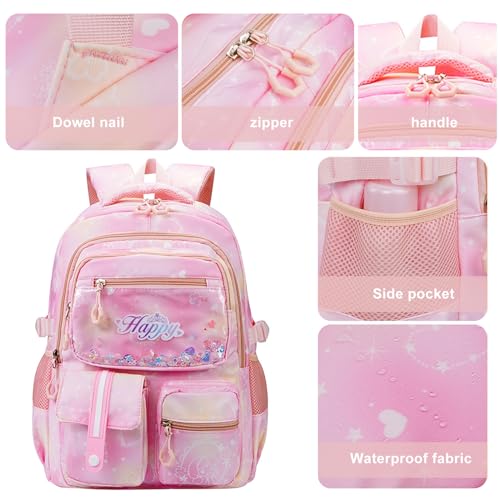 MCWTH Backpack for Teen Girls, Kawaii Cute Kids Elementary Student School Backpacks (Happy Pink) - color: Happy Pink