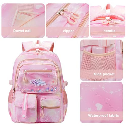 MCWTH Backpack for Teen Girls, Kawaii Cute Kids Elementary Student School Backpacks (Happy Pink) - color: Happy Pink