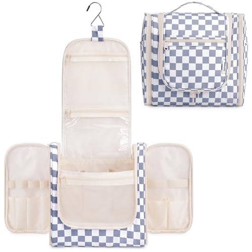 Narwey Checkered Hanging Travel Toiletry Bag for Women, Travel Bag for Toiletries, Makeup Bag Organizer Cosmetic Bags Make Up Bags for Women (Grayish Blue Checkerboard) - color: C-Grayish Blue Checkerboard, size: Large