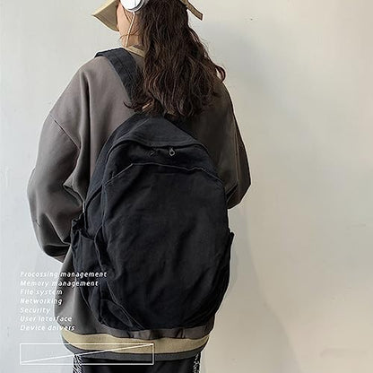 Women's canvas bag, men's and women's large capacity leisure backpack, men's and women's travel backpack (Black,One Size) - color: Black