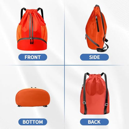 Drawstring Backpack Gym Bag with Shoe Compartment - Ideal for Basketball, Swimming, Beach Activities, Unisex - color: Red