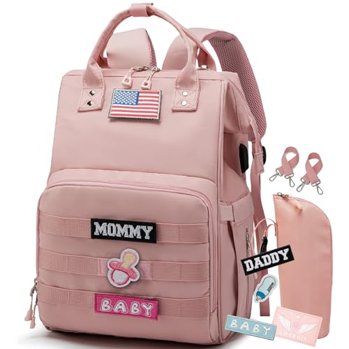Diaper Bag Backpack for Dad and Mom with USB Charging Port Stroller Straps and Insulated Pocket,army military Travel Nappy Backpack for Daddy/Mommy (Pink) - color: Pink