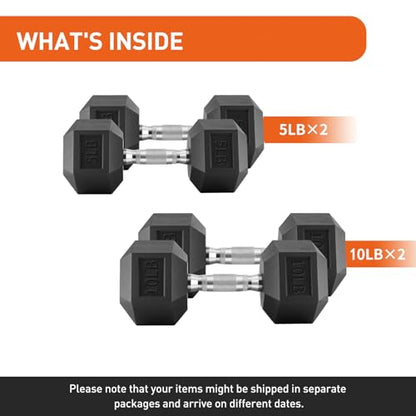 Dumbbells Set Rubber Hex Weights for Home Gym Durable Construction Convenient Storage Space Saving Design Complete Weight Set Barbell Coated for Exercise Training - style: 5 &10 pair