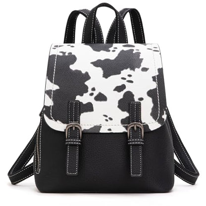 Montana West Black Cow Print Mini Womens Backpack Purse Vegan Leather Small Colorblock Backpack for Women Cute Convertible Shoulder Bag - color: Black Cow Print
