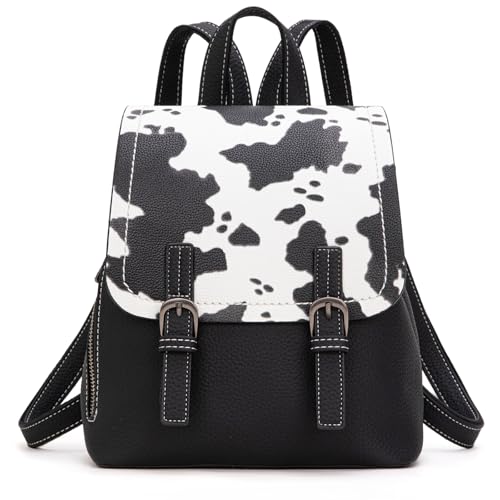 Montana West Black Cow Print Mini Womens Backpack Purse Vegan Leather Small Colorblock Backpack for Women Cute Convertible Shoulder Bag - color: Black Cow Print
