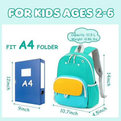 BTOOP Kids Backpack for Boys Girls 3-6, Preschool Kindergarten Backpack with Insulated Lunch Compartment & Chest Strap, Cute Lightweight School Travel Bag Fits A4 Folder - color: Green, size: Age 3-6 (14.5" H Fit Folder)