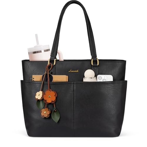 LOVEVOOK Work Tote Bag for Women with Floral Charm, Vintage Leather 15.6 Inch Laptop Bag with Large Cup Holder, Teacher Nurse Medical Professional Computer Bag, Office Briefcase Handbag Gift - color: Black, size: 15.6 Inch-With Charm