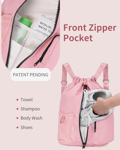 WANDF Drawstring Backpack Sports Gym Bag with Shoes Compartment, Water-Resistant String Beach Sackpack Swim Bag for Women and Men (Pink) | with Shoes Compartment - color: Pink