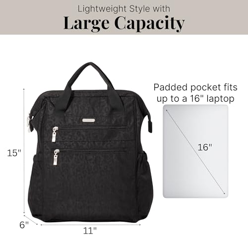 Baggallini City Scape Backpack - 15"x11" Lightweight Work Travel Bag w/Luggage Sleeve & RFID - color: Black Cheetah Emboss