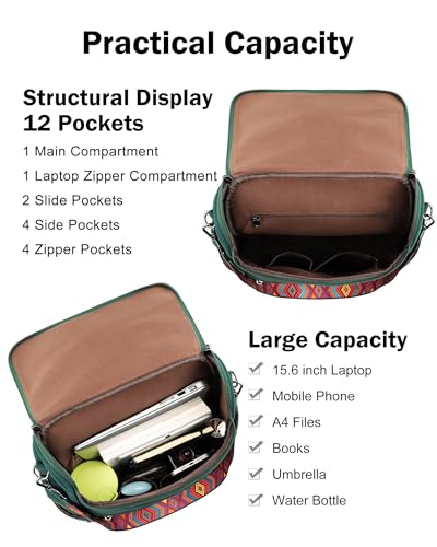 FADEON Laptop Backpack for Women Leather Travel Backpack with Laptop Compartment, Designer Ladies Computer Backpacks Green - color: Dark Green Nubuck Style