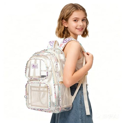 OKKID Heavy Duty Clear Backpack for School Girls Clear Bookbag Transparent Backpack for work See Through Plastic School Bags - color: Beige
