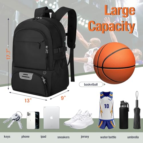 OCKLILY Basketball Backpack - Large Sports Equipment Bag with Ball Holder & Shoe Compartment, Sport Bags for Basketball, Soccer, Volleyball, Gym, School and Travel, 30L - color: Black