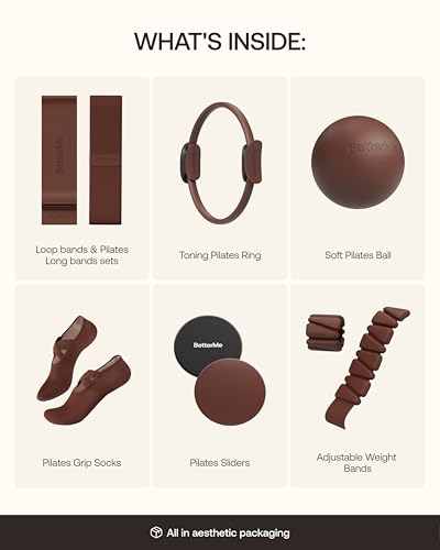 BetterMe Pilates Studio Kit – Pilates Ring, Pilates Ball, Resistance Bands & Sliders – Complete Pilates Equipment Set for Women – Home & Studio Pilates Workout Kit - color: Chocolate Brown