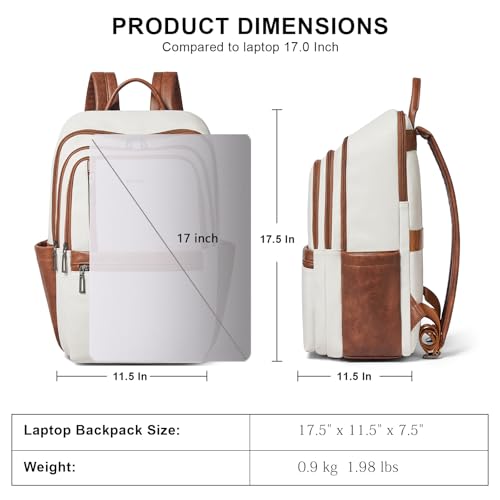 Shrrie 17 inch Leather Laptop Backpack for Women, Large Travel Backpack with 6 Compartments, Computer Backpack Purse for Work College - color: Beige