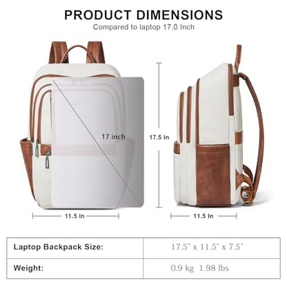 Shrrie 17 inch Leather Laptop Backpack for Women, Large Travel Backpack with 6 Compartments, Computer Backpack Purse for Work College - color: Beige