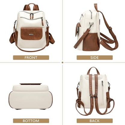 WYFJNX PU Leather Backpack Purse for Women Fashion Multipurpose Design Handbag Ladies Shoulder Bags Travel Backpack White Brown - color: White Brown