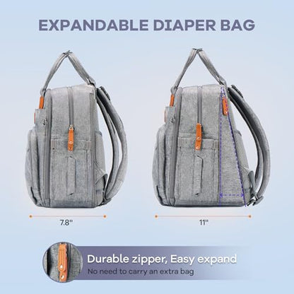 RUVALINO Diaper Bag Backpack-Expandable Baby Bag with up to 50% Capacity -Baby Essentials Bag with Changing Pad Insulated Bottle Holders & Pacifier Case, Waterproof, Gray XL - color: Gray