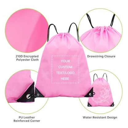 JEOHLORY pack of 50 Custom Bags With Your Logo,Drawstring Backpacks Bulk String Bag,Great for Travelling, Gym and for Everyday Use (Custom Pink) - color: Custom Pink