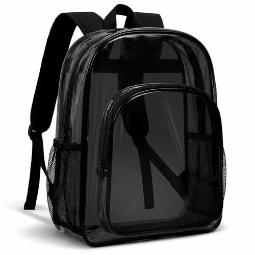 Amylove 1 Pcs Black Clear Backpack Heavy Duty PVC Transparent Backpack Bookbag for College Workplace Security - color: Black Color, size: 17 Inches