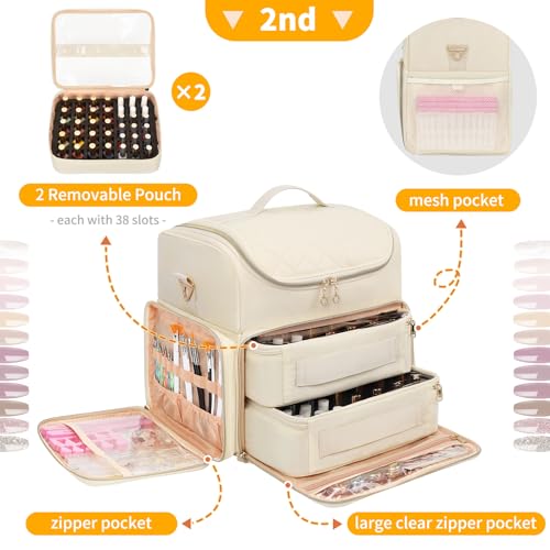 CUBETASTIC Extra Large Nail Polish Organizer Case Holds 86 to 100+ Bottles Nail Polish & Nail Lamp, Nail Supplies Storage Carrying Bag with 2 Removable Pouches - color: Beige
