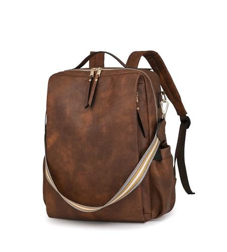 myfriday PU Leather Large Backpack Purse for Women Casual Travel Backpack Convertible Satchel Handbags With Luggage Strap (Dark brown) - color: Dark Brown