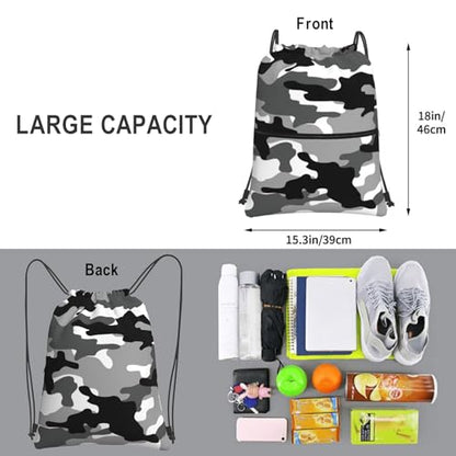 Black White Camo Drawstring bag, Camouflage Men Camping Gym Drawstring Backpack, Women Outdoor Sports Travel Sackpack Bag with Front Zipper Pocket and Inside Zipper Pocket - Can Keep Key or Phone - color: Black White Camo