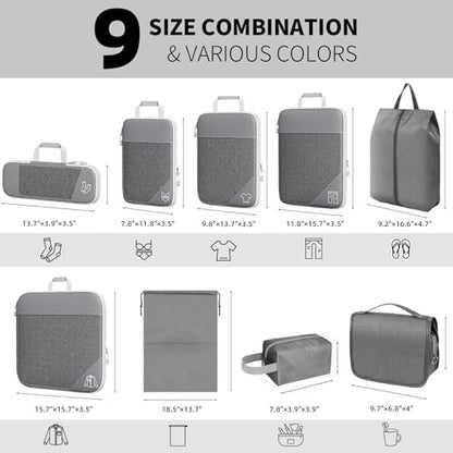 9-Set Packing Cubes with Hanging Bag | 9-Size Combination, Mesh Fabric & Reflective Stripe | Travel Luggage Organizers (Grey) - color: Grey