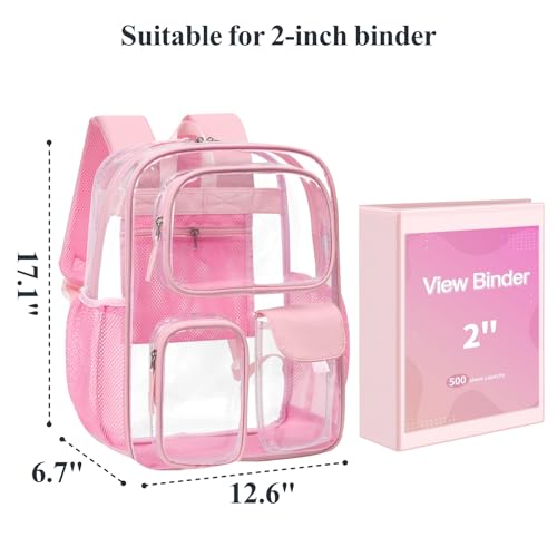 PACKISM Clear Backpack for School - 17 inch Large Heavy Duty Bookbag, Reinforced See Through PVC Transparent Backpack - color: Pu Straps Pink 3 Pockets, style: Daypack Backpacks
