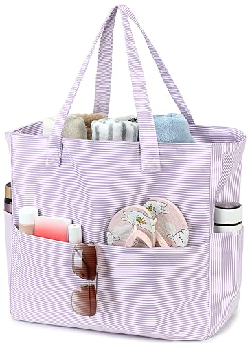 LEDAOU Beach Bag Waterproof Sandproof Women Beach Tote Pool Bag with Zipper for Swim Gym Grocery Travel with Wet Pocket | Sandproof - color: Light Purple White Stripes