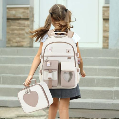 ACESAK Backpack for Girls - Bookbag Backpacks Schoolbag for Girls Kids Teen Women Casual Travel Daypacks - School Bag Elementary Middle School College Cute Backpack with Lunch Box (Khaki White) - color: Khaki White