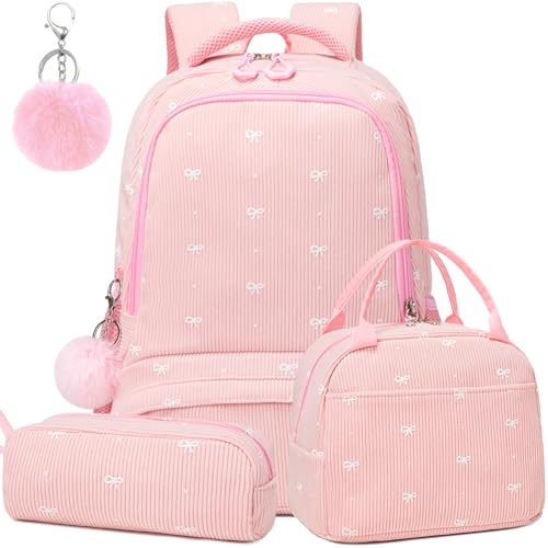 Girls Backpack for Elementary School Bookbag Kids Backpacks for Girls 3 in 1 Set Back to School - color: Bow Pink