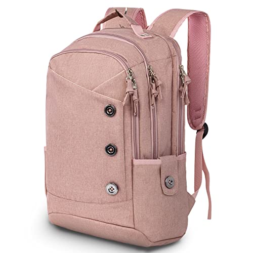 KINGSLONG 15.6 inch Pink Laptop Backpack for Women, Stylish Daypack with USB Charging Port, Water Resistant Computer Bag Notebook Bag Suitable for College Travel Work Gifts - color: Pink, size: 15.6 inch