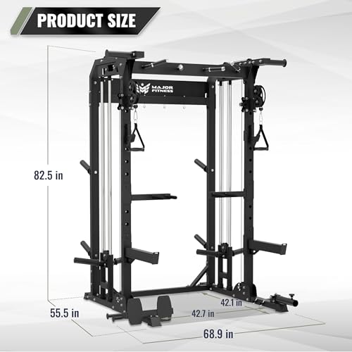 MAJOR FITNESS F22 Power Rack, 1600lbs All-in-One Squat Rack with Dual Pulley System, Heavy-Duty Steel Frame, Attachments & Storage for Home Gym Strength Training - color: Khaki, style: F22 (with Bench Elite BK)