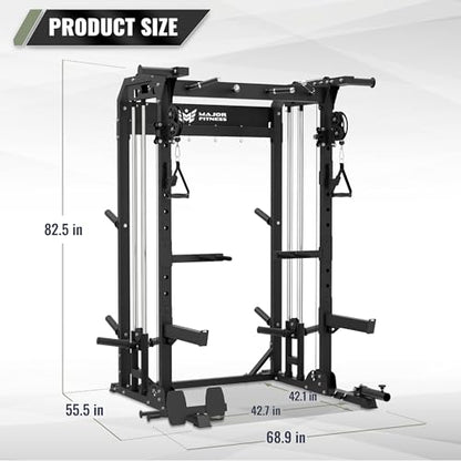MAJOR FITNESS F22 Power Rack, 1600lbs All-in-One Squat Rack with Dual Pulley System, Heavy-Duty Steel Frame, Attachments & Storage for Home Gym Strength Training - color: Black, style: F22 (with Bench Elite BK & 230LB NEW & 7ft Bar)