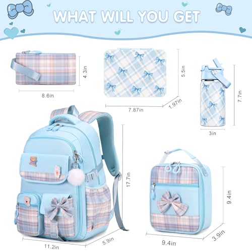 ACESAK 5PCS Backpack for Girls with Bento Box & 14oz Insulated Water Bottle - Cute School Girls Backpacks for Elementary Preschool Middle with Lunch Bag & Pencial Case, Back To School Gift (Blue) - color: Blue